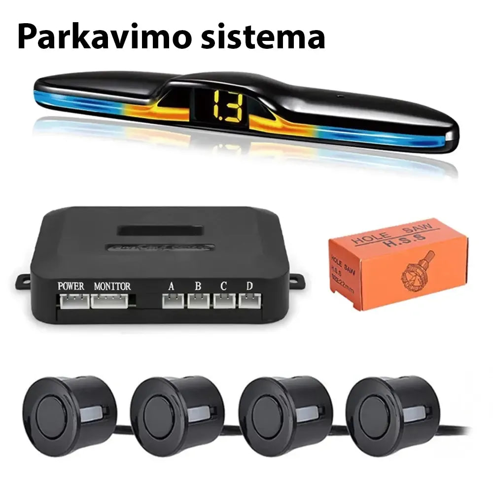 Automobilio parkavimo sistema su 4 davikliais ir LED ekranu, padedanti patogiai ir saugiai parkuoti automobilį.