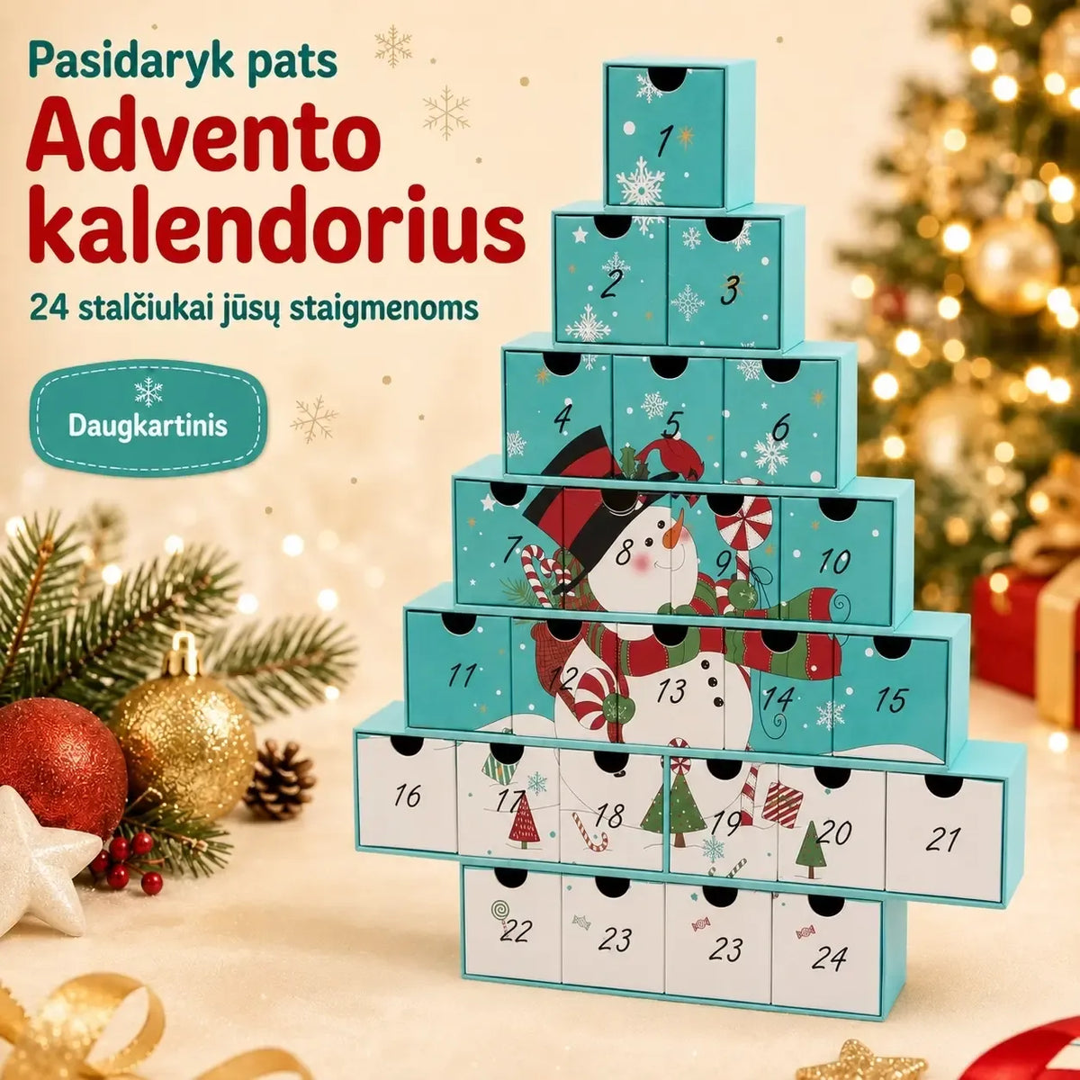 Pasidaryk pats advento kalendorius su 24 stalčiukais ir sniego senio figūra, rankų darbo kūrybinis advento dekoras.