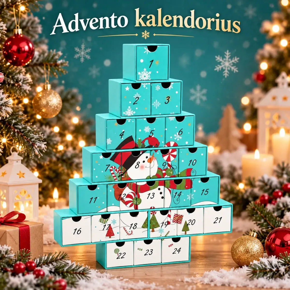 Pasidaryk pats advento kalendorius su 24 stalčiukais, sniego senio figūra, rankų darbo Kalėdų dekoracija.