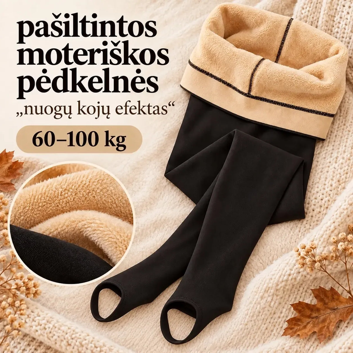 Pašiltintos moteriškos tamprės „Nuogų kojų efektas“, skirtos 60–100 kg, matomos kaip šiltos, elastingos tamprės su nuogų kojų efektu.