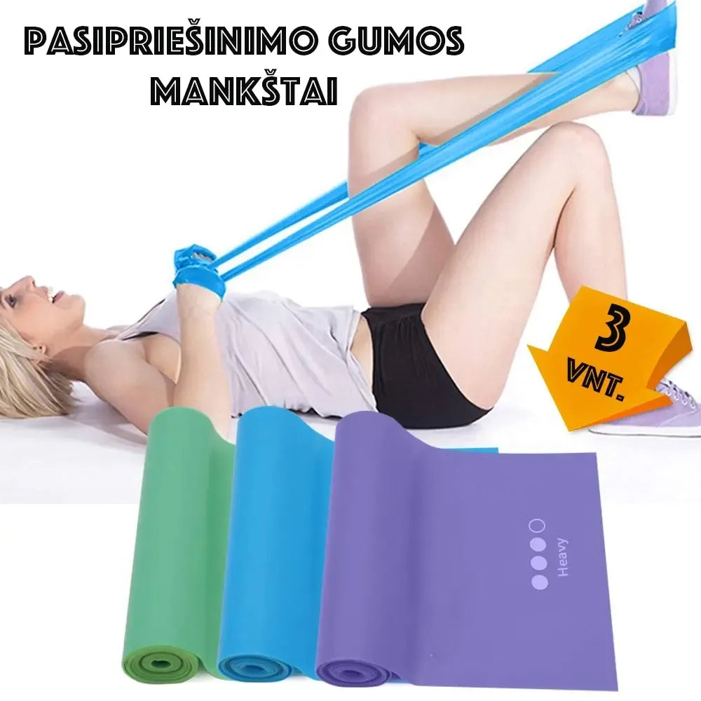 Trijų pasipriešinimo gumų rinkinys sporto treniruotėms, įvairių stiprumo lygių, su rankenomis ir kilpomis.