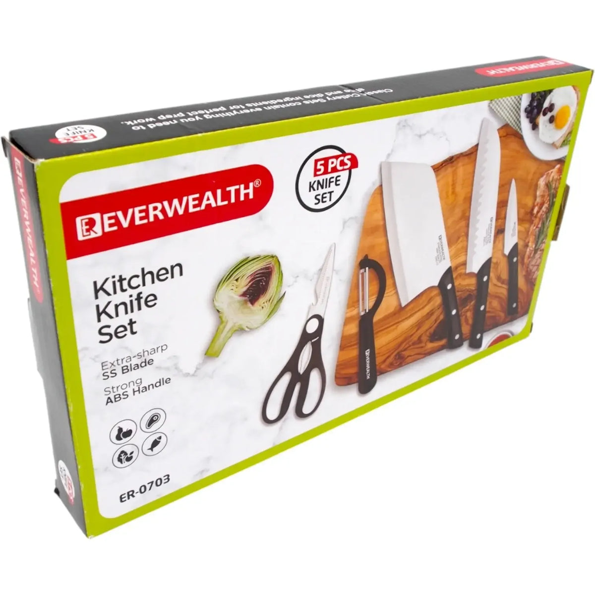 Virtuvinių peilių rinkinys EVERWEALTH, 5 vnt., juodi peiliai su patvariais rankenomis, skirti maisto pjaustymui ir ruošimui.