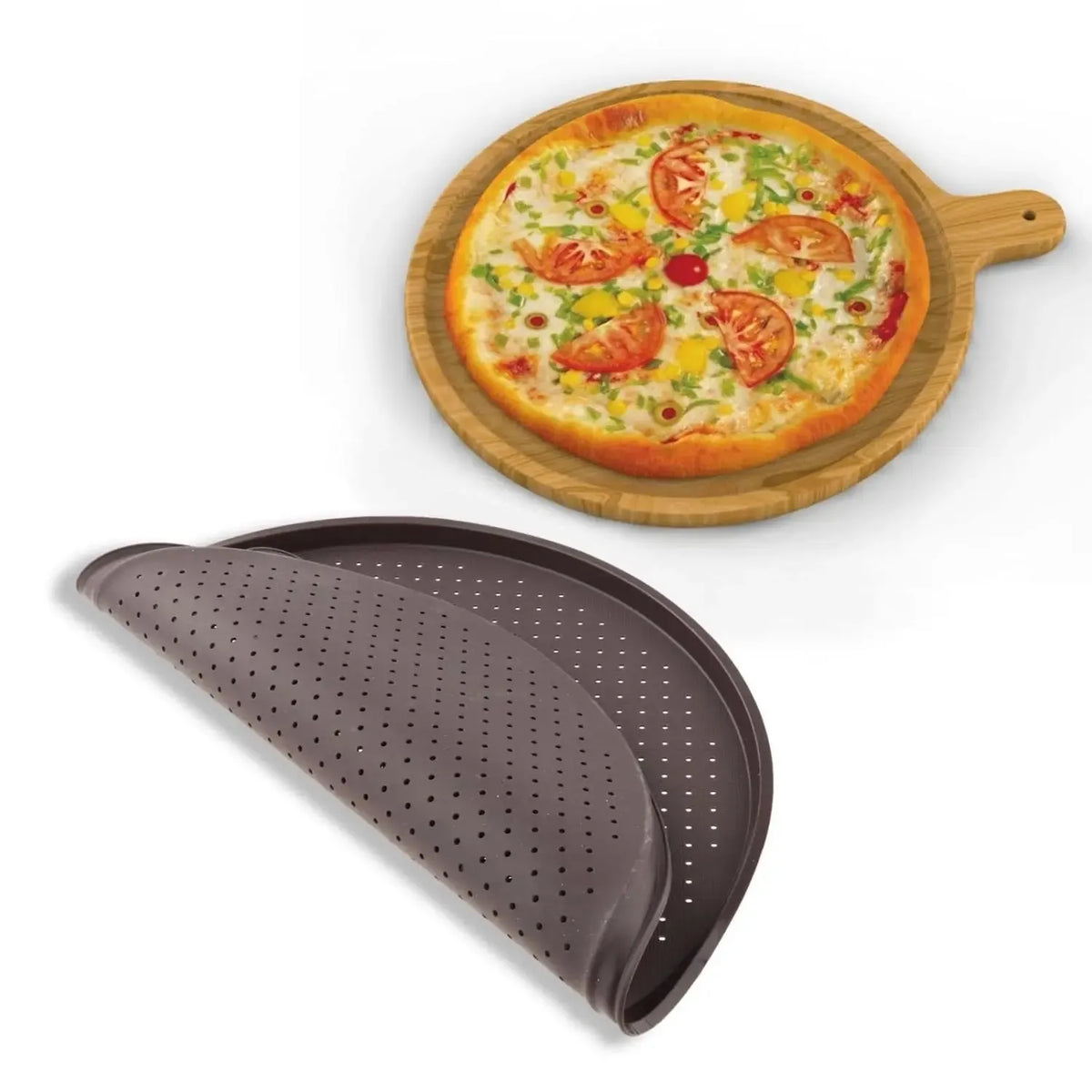 Perforuota kepimo forma picai 34,5 cm, pagaminta iš metalo, su skylėmis tolygiam kepimo procesui, tinkama picos gamybai
