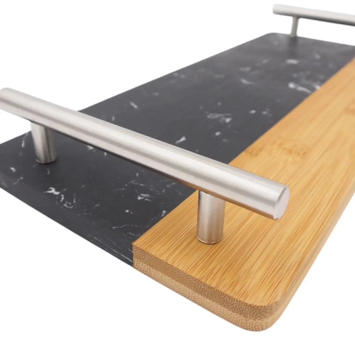 Prabangus marmurinis serviravimo padėklas su rankenomis, 35x16 cm, elegantiškas ir funkcionalus namų ar restoranų naudojimui.