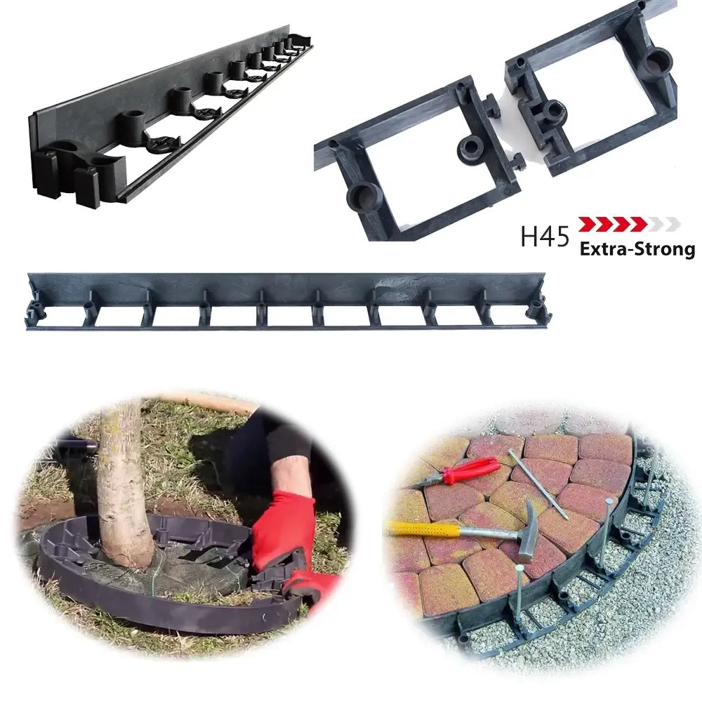 Plastikiniai vejos bortai H45, 24 vnt., stiprūs ir ilgaamžiai, skirti sodo takams ir gėlynams.