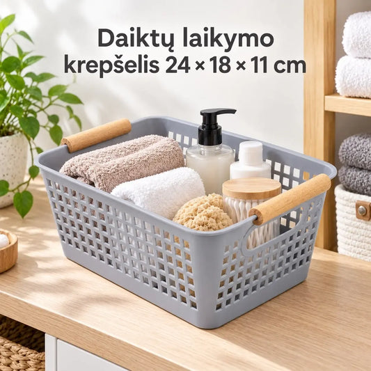 Plastikinis daiktų laikymo krepšys su rankenomis, patvarus ir talpus, puikiai tinka namų ar sandėliavimo reikmėms.