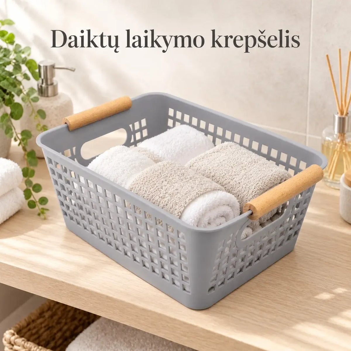 Plastikinis daiktų laikymo krepšys su rankenomis, tinka organizuoti ir saugiai laikyti daiktus.