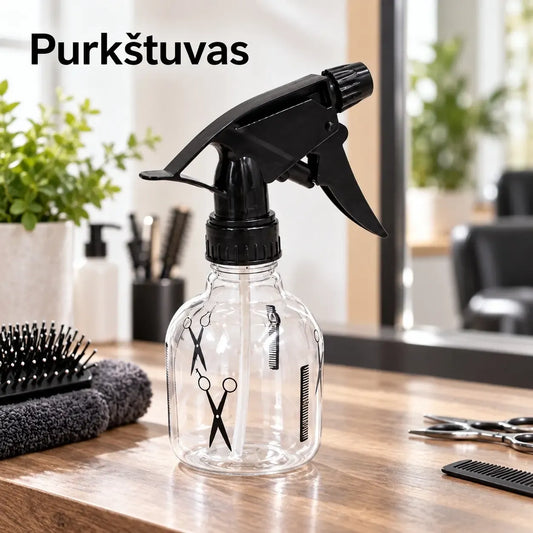 Plastikinis purškiamas buteliukas 100 ml, skaidrus, su purkštuvu, tinkamas skysčiams ar kosmetikai.