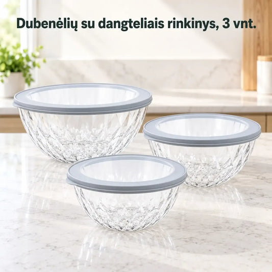Plastikinių maisto laikymo indelių rinkinys su dangteliais, 3 vnt., skirti šaldymui ir saugojimui, patvarūs ir praktiški.