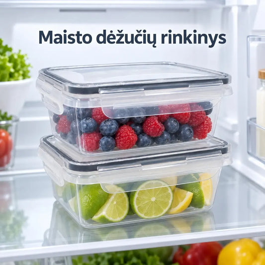 Plastikinių maisto laikymo indų rinkinys su dangčiais, 2 vnt., skaidrūs ir sandarūs, tinkami šaldymui ir laikymui.