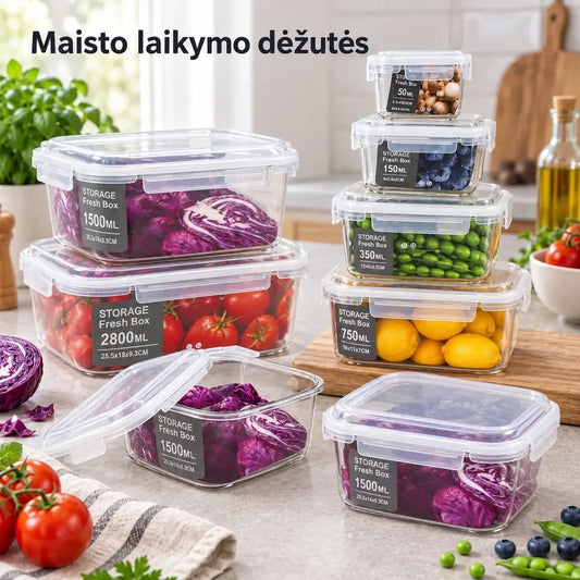 Plastikinių maisto laikymo indų rinkinys su dangčiais, 6 vnt., įvairių dydžių, skirti šaldymui ir saugojimui.