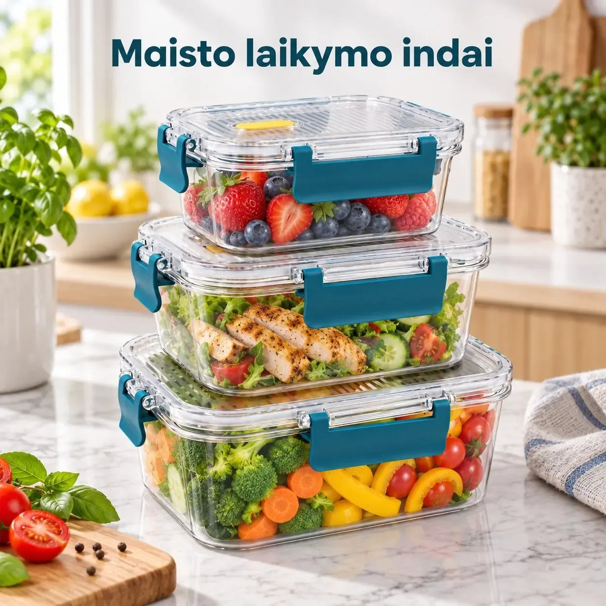 Plastikinių maisto laikymo indų rinkinys su sandariais dangčiais, 3 vnt., skirti šaldymui ir saugojimui namuose.