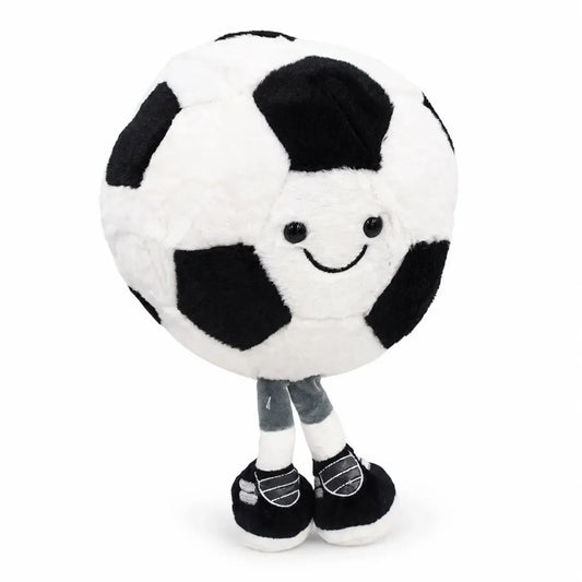 Pliušinis futbolo kamuolys su kojytėmis, žaismingas ir minkštas žaislas vaikams, raudonos ir juodos spalvos.