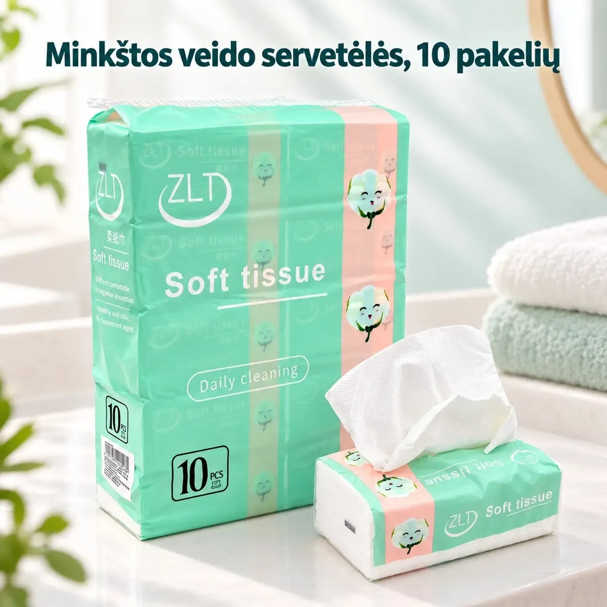 Popierinės servetėlės, 10 pakuočių po 320 vnt., švarios ir minkštos, tinkamos maistui ir kasdieniam naudojimui.