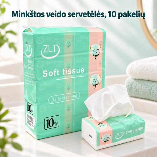 Popierinės servetėlės, 10 pakuočių po 320 vnt., švarios ir minkštos, tinkamos maistui ir kasdieniam naudojimui.