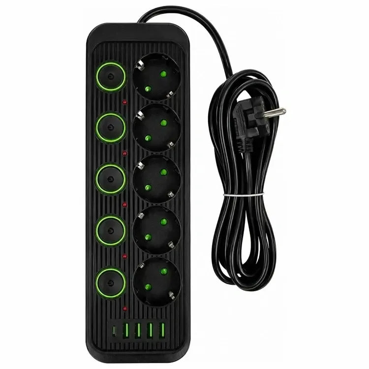 Ilgas 5 m prailgintuvas su 5 elektros lizdais ir 4 USB-A bei USB-C jungtimis, patogus ir funkcionalus elektros priedas.
