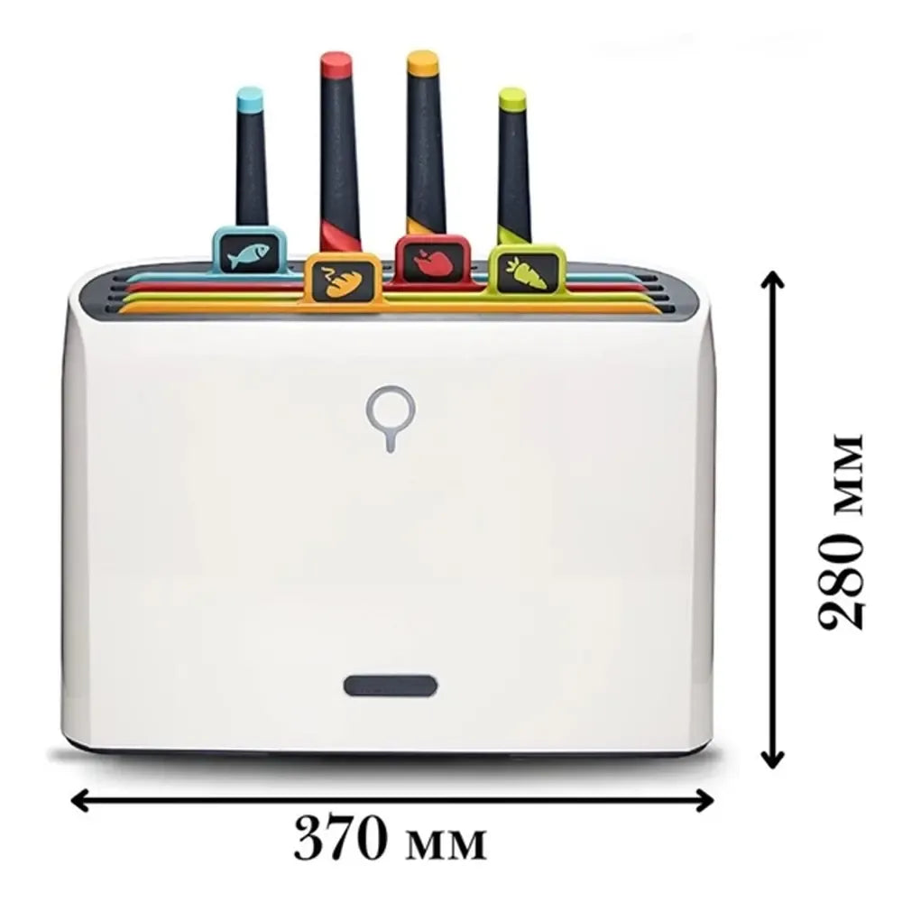 Virtuvės rinkinys su UV sterilizatoriumi, peiliais ir pjaustymo lentelėmis, aukštos kokybės virtuvės įrankiai.