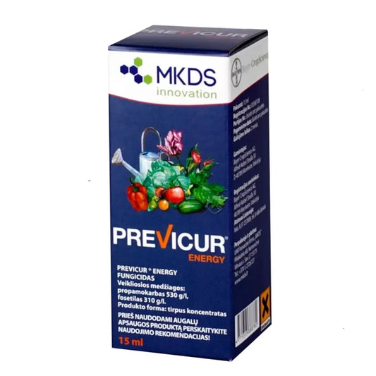 Fungicidas Previcur Energy 15 ml buteliukas, efektyvus augalų apsaugos produktas, skirtas kovai su grybelinėmis ligomis.