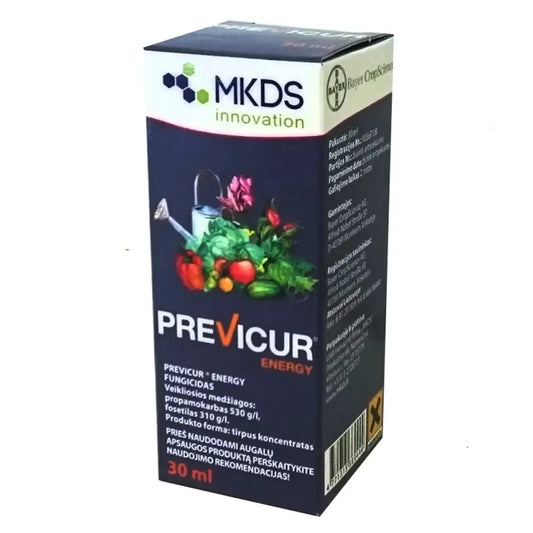 Fungicidas Previcur Energy 30 ml, skystas preparatas augalų apsaugai nuo grybelinių ligų, pavaizduotas buteliukas.