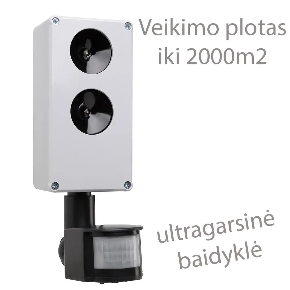 Profesionali ultragarsinė graužikų baidyklė, skirta iki 2000 m², su įrenginiu matyti ir valdymo mygtukais.