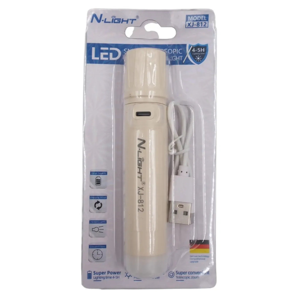 Įkraunamas LED prožektorius N-Light XJ-812 su priartinimo funkcija, stipri šviesa ir patogus naudoti lauko darbams.