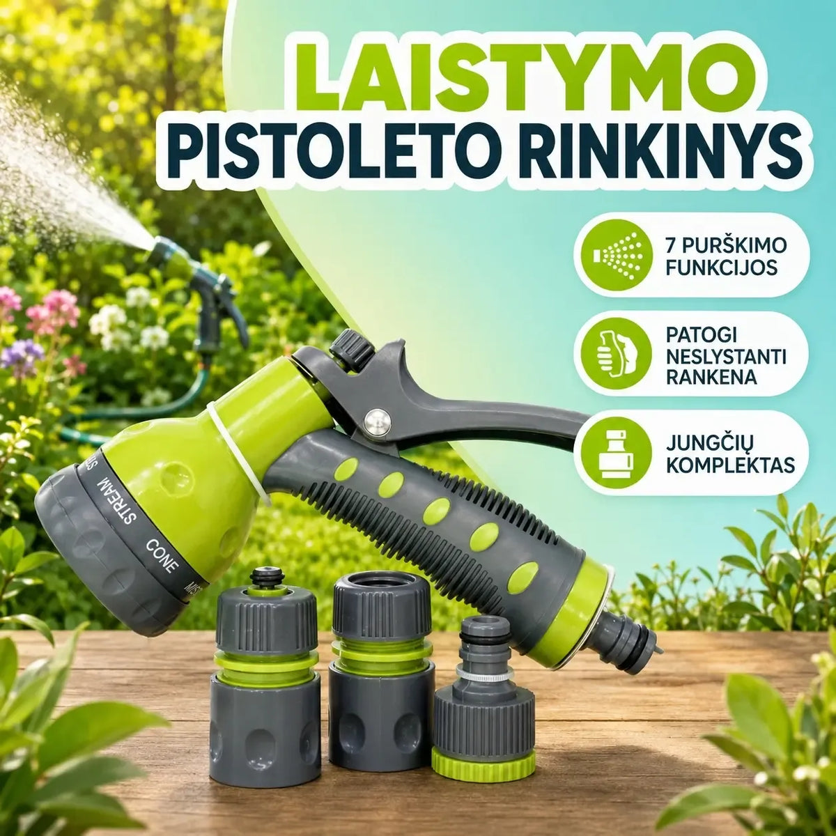 Daugiafunkcis laistymo pistoleto rinkinys su jungtimis, 1/2 colio, laistymo ir purškimo funkcijos, patogus sodui ir sodininkystei