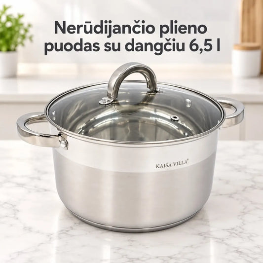 6,5 l puodas su stikline dangčiu, nerūdijančio plieno, virtuvės indas, tinkamas virimui ir troškinimui