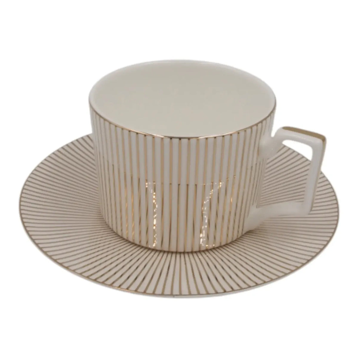 Porcelianinis 275 ml puodelis su lėkštele ir auksinėmis linijomis, elegantiškas ir subtilus dizainas.