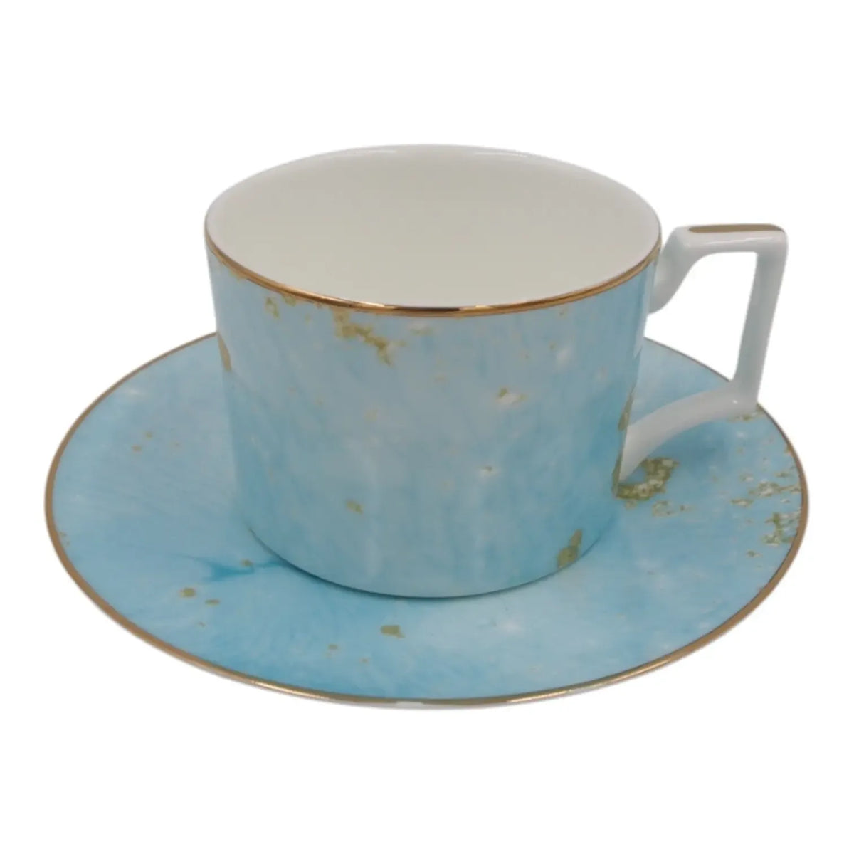 Mėlynas porcelaninė puodelis su auksiniu dekoru ir lėkštute, 275 ml talpa, elegantiškai išvaizda, namų ar kavos dekoro aksesuaras.