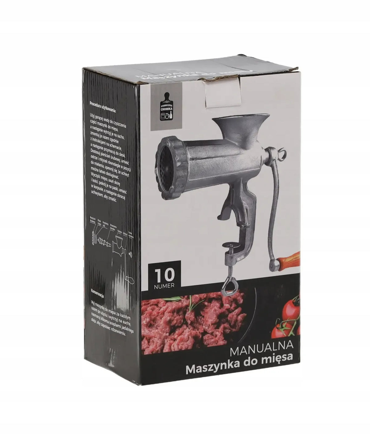 Ketaus mėsmalės rankinė Nr. 10, tvirta ir patvari, su rankena ir metalinėmis dalimis, naudojama mėsos malimui.
