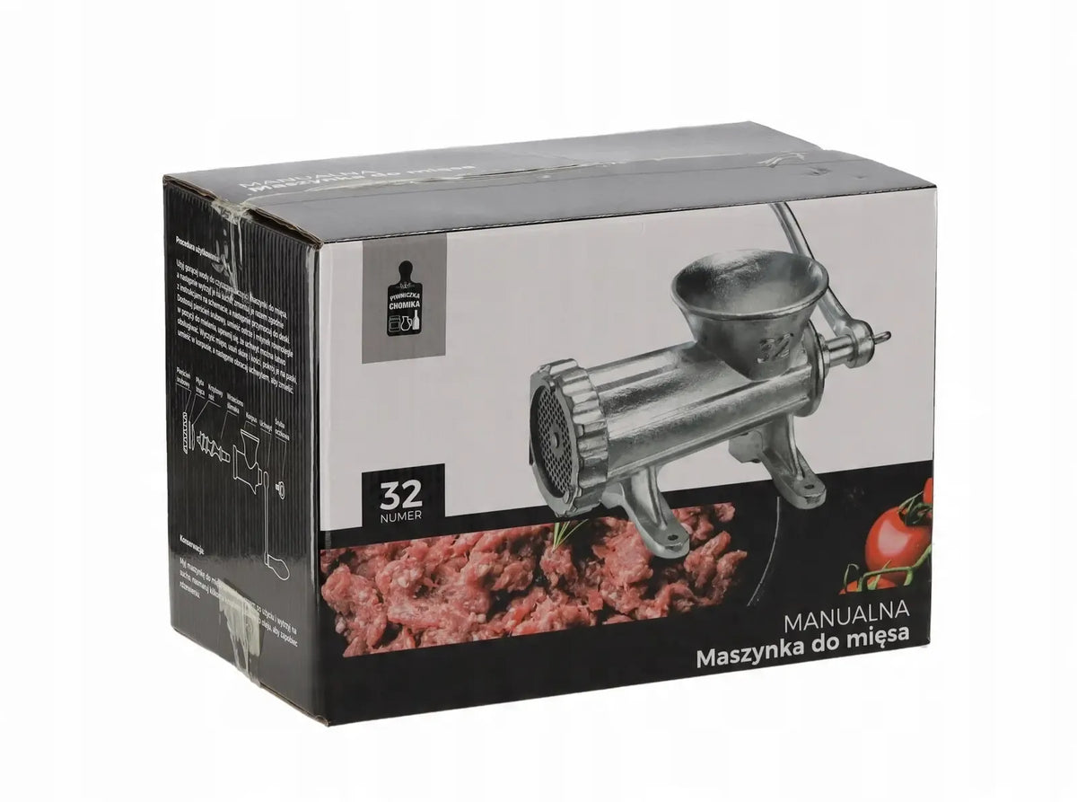 Ketaus rankinė mėsmalė Nr. 32, sverianti 6,9 kg, su rankena ir metaliniu korpusu, naudota maisto gamybai.