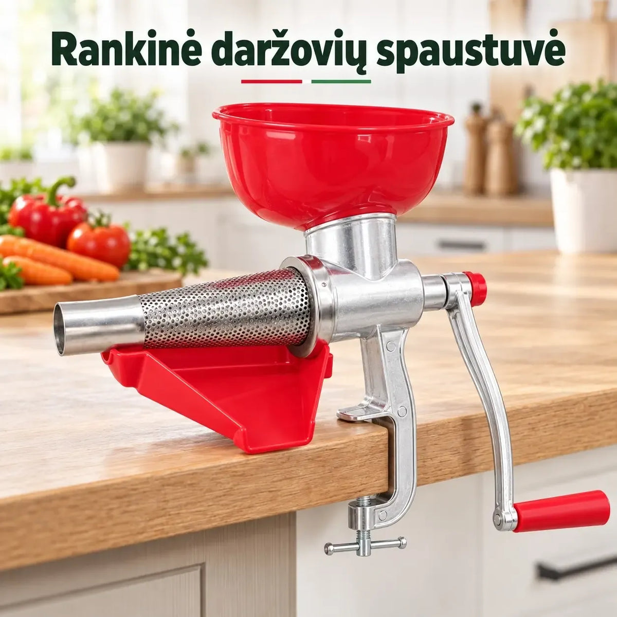 Rankinė pomidorų sulčiaspaudė-trintuvė TR2308, rankinis prietaisas skystiems pomidorų sulčiams ir trynimui gaminti.