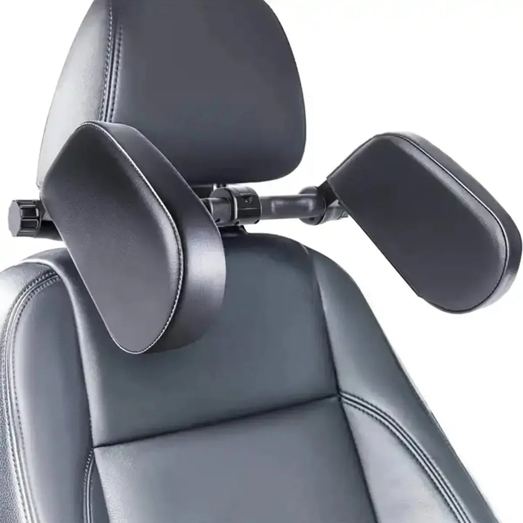 Reguliuojama automobilių galvos atrama su minkšta pagalve ir reguliavimo mechanizmu, patogiai pritvirtinama prie galvos.