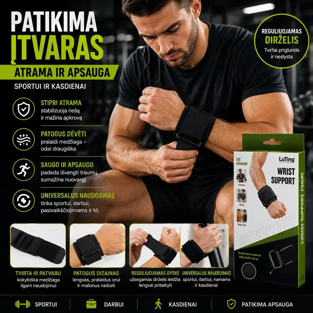Reguliuojamas šildantis riešo įtvaras, parodytas ant rankos su reguliavimo juosta ir šilumos funkcija.