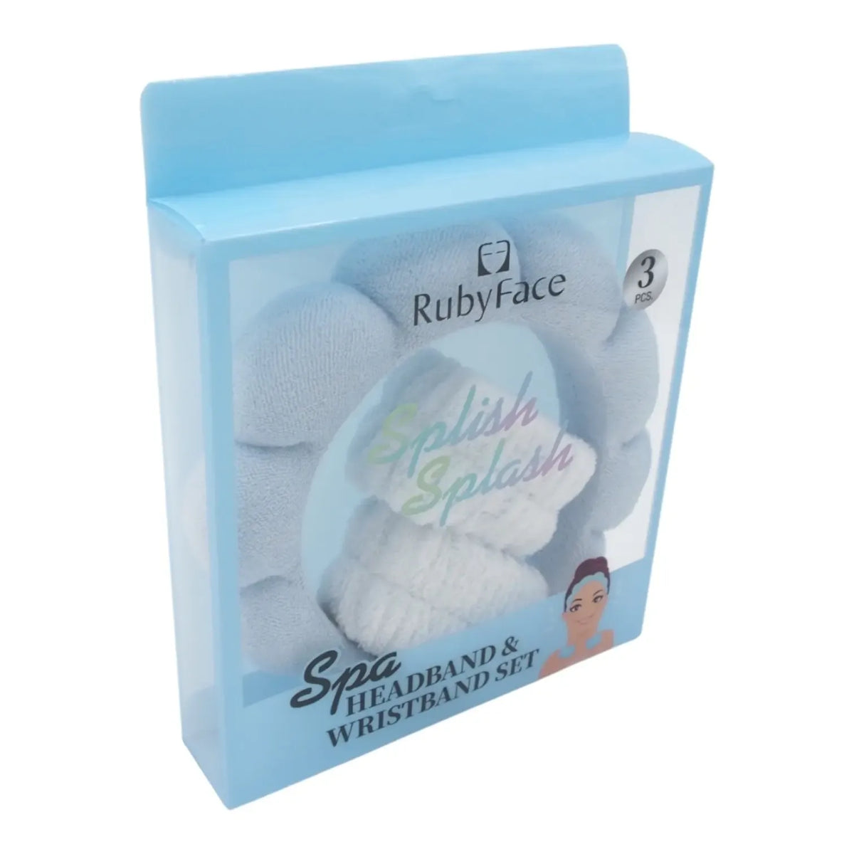 RubyFace „Splish Splash“ SPA rinkinys su plaukų lankeliu ir riešinėmis veido priežiūrai, vonios ar SPA seansams.