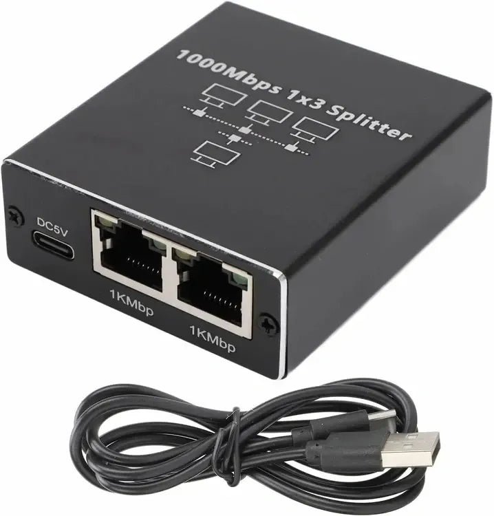 RJ45 tinklo šakotuvas 1 į 3, 1000 Mbps, USB-C maitinimas, tinklo jungtis ir išplėtimo adapteris.