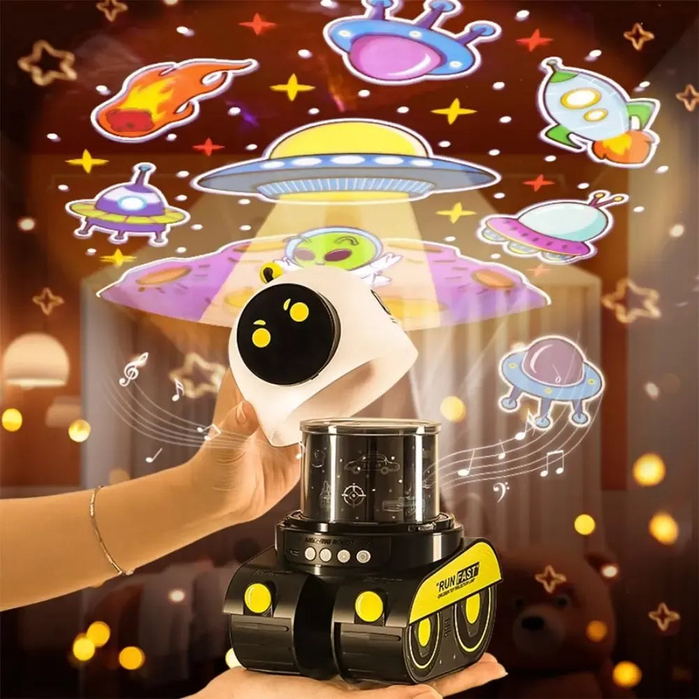 Interaktyvus robotas su LED projektoriumi, balta ir mėlyna spalvomis, su valdymo mygtukais ir šviečiančiais akimis.