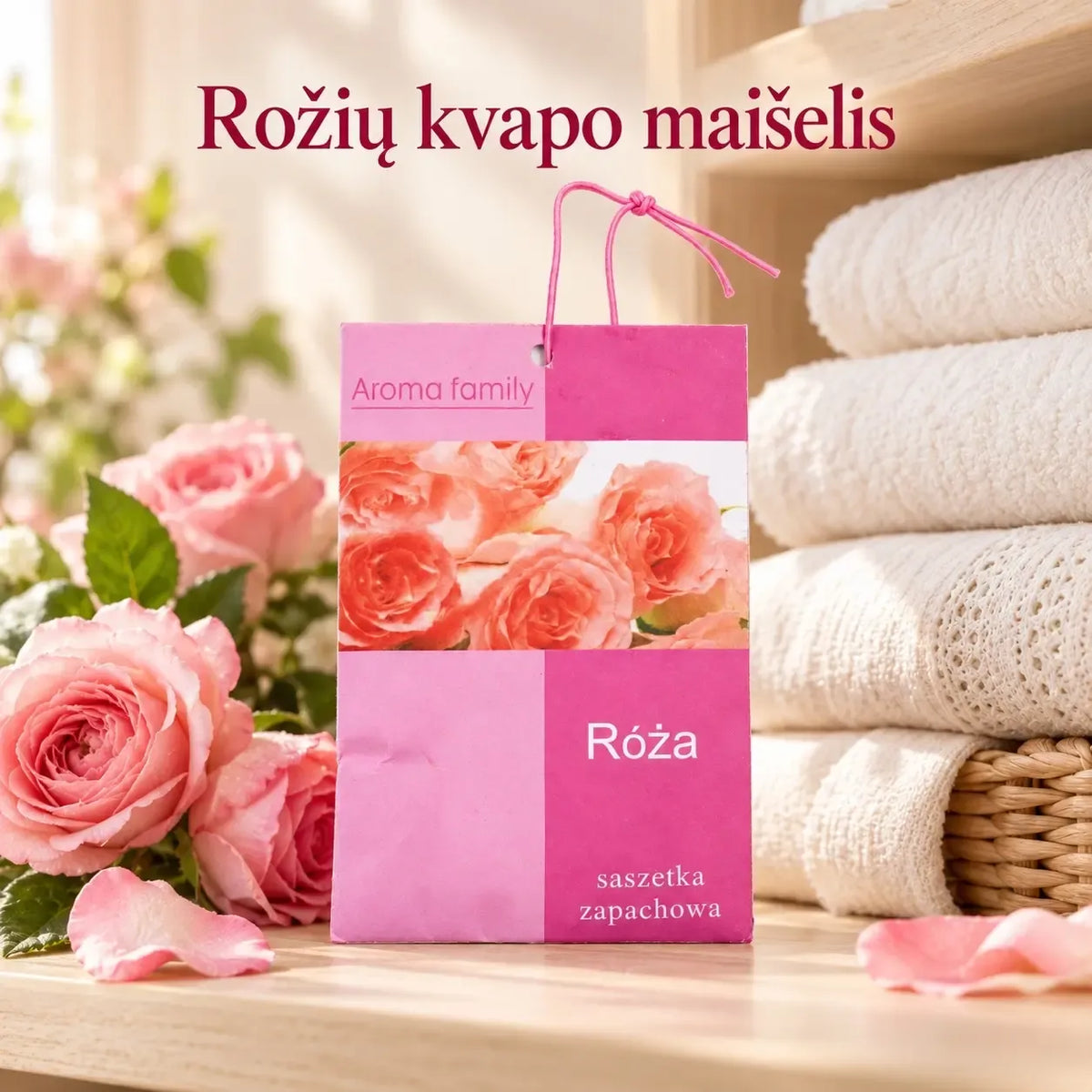 Rankų darbo rožių kvapo maišelis „Aroma family“ su subtiliu gėlių aromatu, mažas ir dekoratyvus namų kvapui.