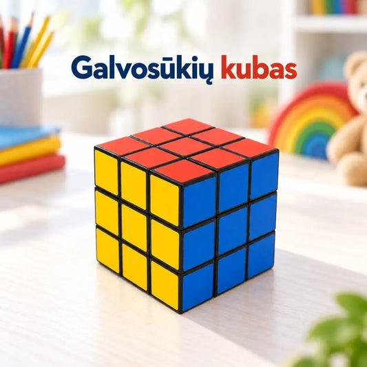 Spalvotas Rubiko kubas 3x3, matomas iš arti, su aiškiais spalvų langeliais ir sukimosi mechanizmu.