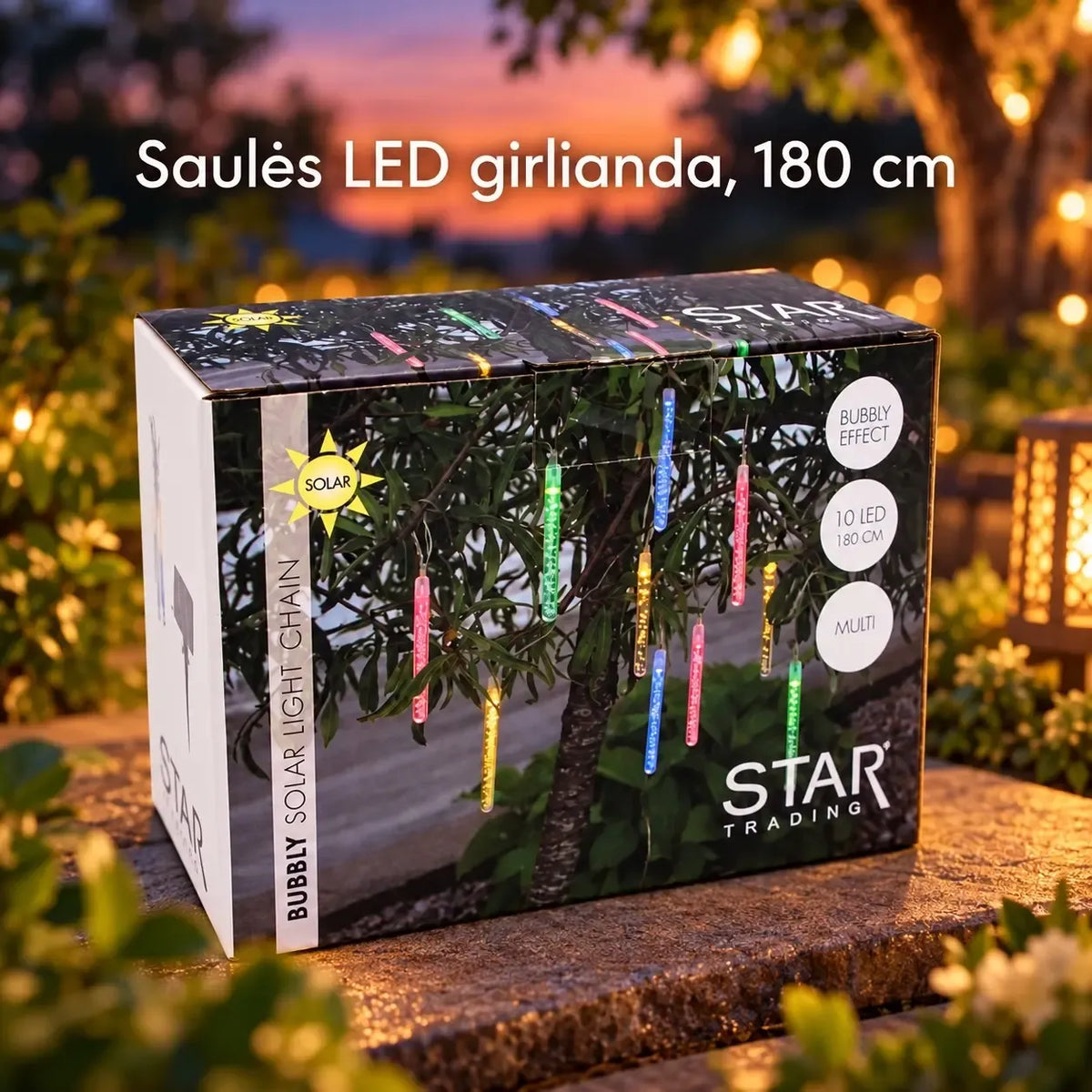 Saulės energijos LED girlianda „Bubbly“ su 10 įvairiaspalvių LED, 180 cm ilgis, skirta apšvietimui lauke ir sode.