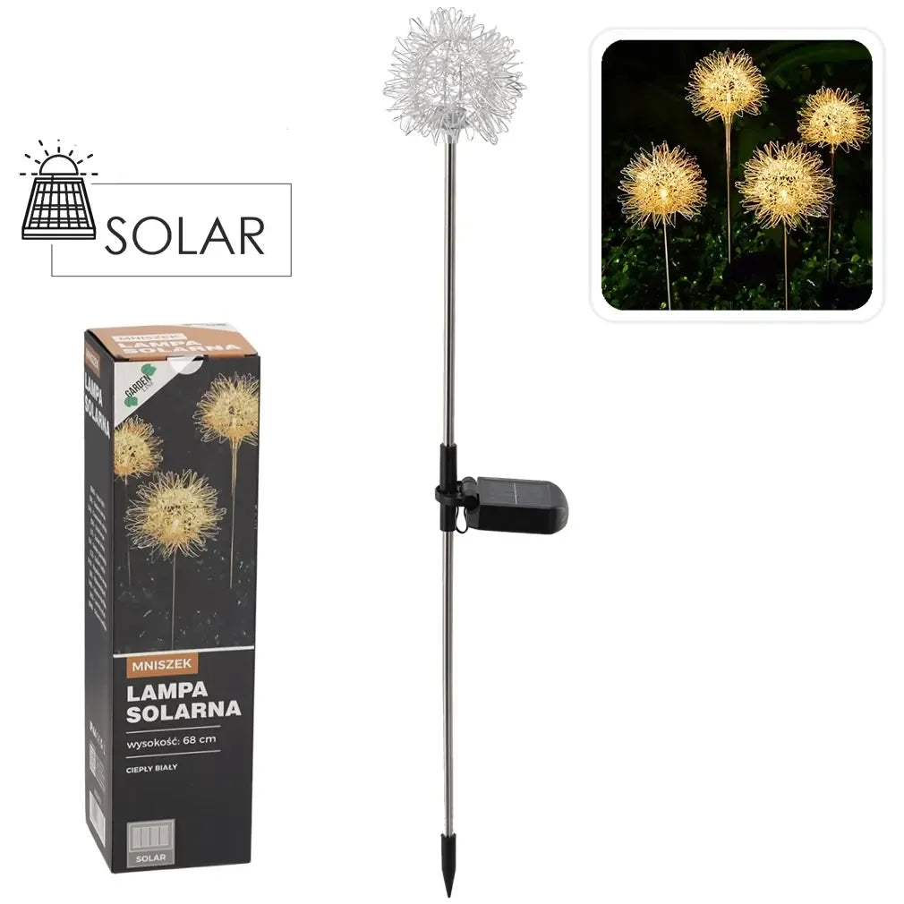 Saulės lempa „Kiaulpienė“ su LED šviesa, šiltai balta apšvietimo spalva, 68 cm ilgio lauko apšvietimo elementas.