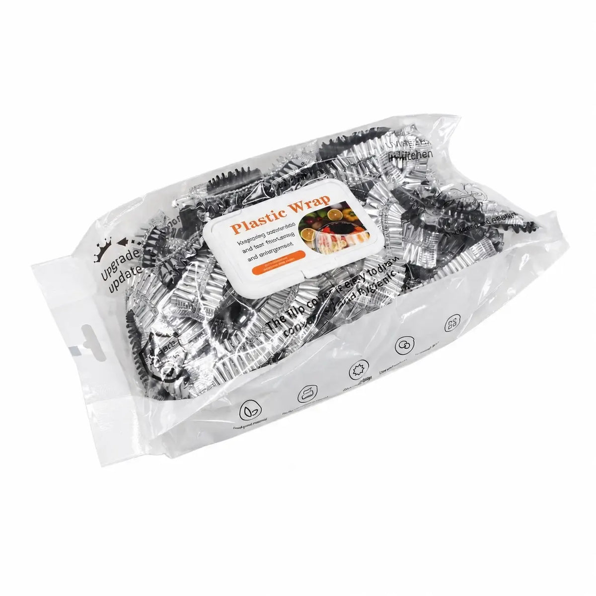 Sidabrinė maisto uždengimo plėvelė su elastine juosta, lanksti ir patvari, skirta maisto laikymui ir apsaugai.