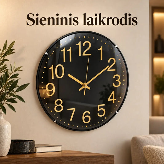 Juodas sieninis laikrodis su ciferblatu ir moderniu dizainu, TR2250G modelis, dekoratyvus ir funkcionalus interjero elementas.
