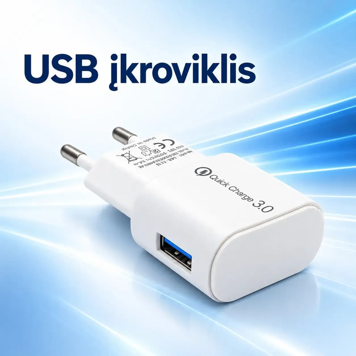 Sieninis USB įkroviklis TR2479B, baltas, su įėjimo ir išėjimo jungtimis, montuojamas ant sienos, kompaktiškas ir modernus.