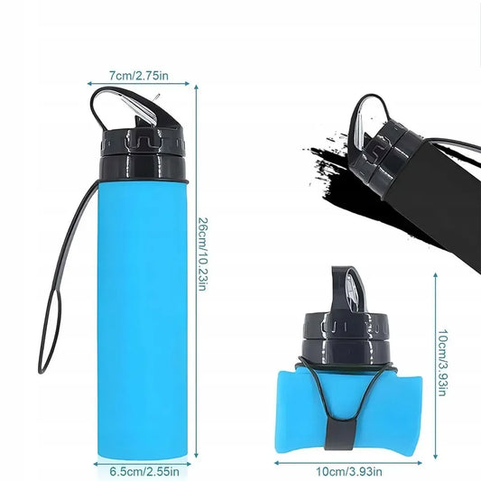 Juoda sulankstoma silikoninė gertuvė 600 ml, matomas lankstymo mechanizmas ir patogus ergonomiškas dizainas.