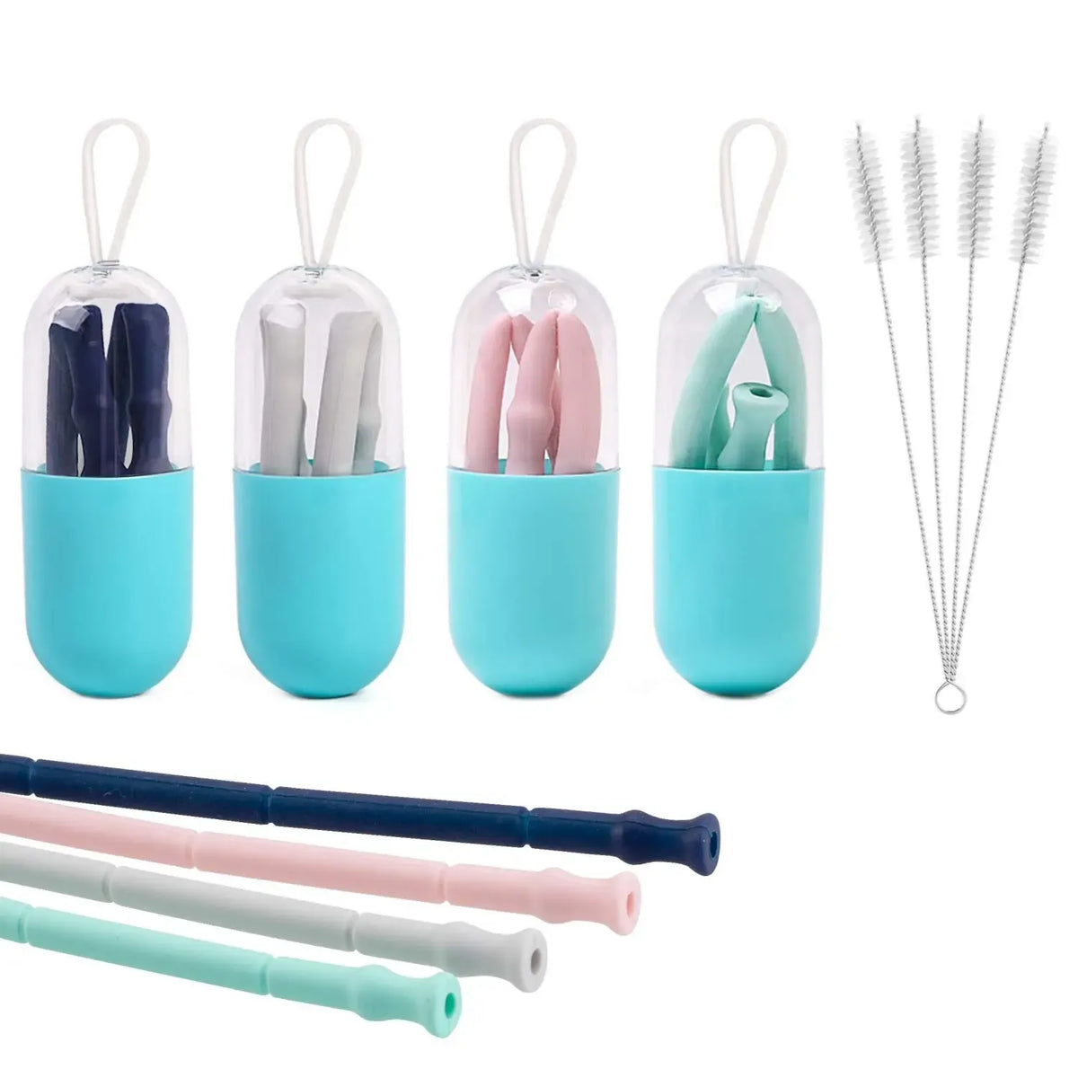 Nešiojamas silikoninis šiaudelis su dėklu ir valymo šepetėliu, tinka daugkartiniam naudojimui, patogus ir ekologiškas.
