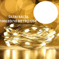 Šiltai balta LED girlianda su USB jungtimi, 10 m ilgio, 100 LED, dekoratyvinis apšvietimas namams ar renginiams.