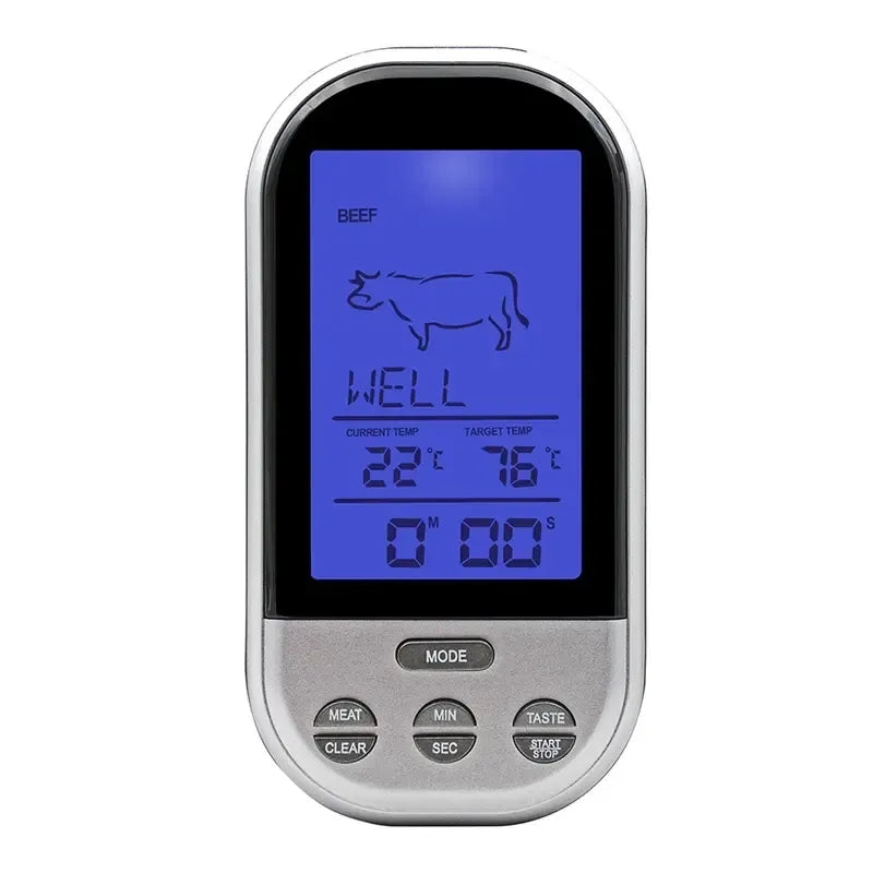 Skaitmeninis maisto termometras su nerūdijančio plieno zondu, tiksli temperatūros matavimo priemonė virtuvėje.