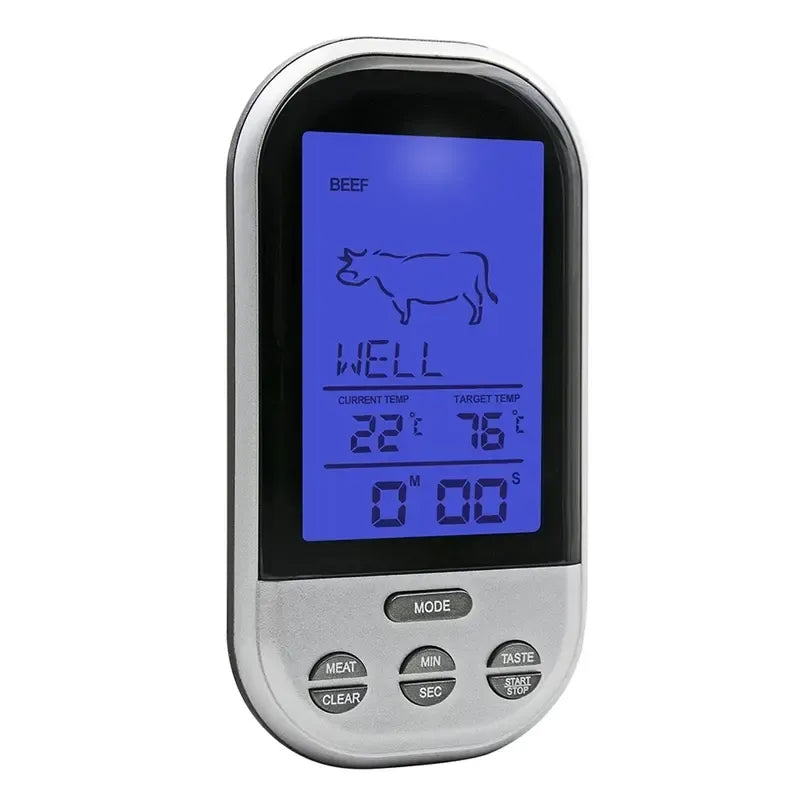 Skaitmeninis maisto termometras su nerūdijančio plieno zonde, tiksliam temperatūros matavimui virtuvėje.