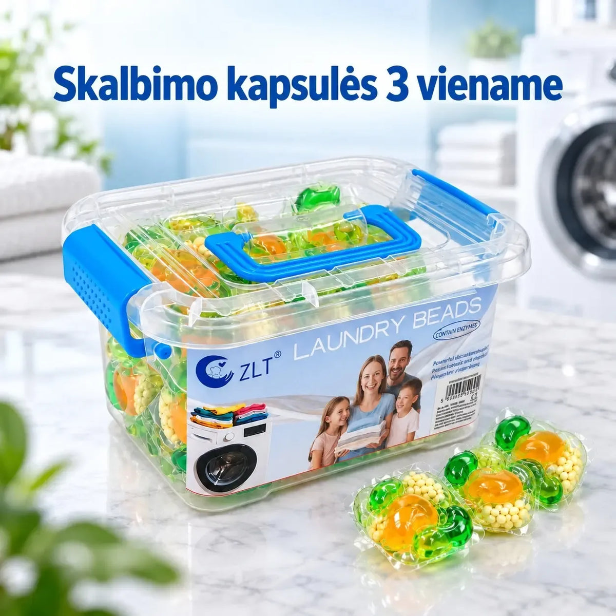 Švarios skalbinių kvapniosios kapsulės, 60 vnt., lengvai matomos, su aromatinga išvaizda ir pakuotės detalėmis.